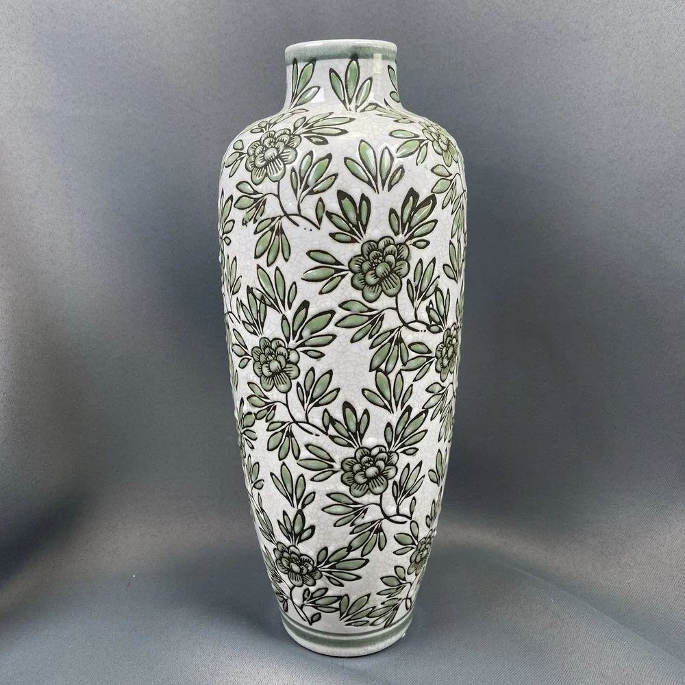 White and Green Floral Ceramic Vase 12